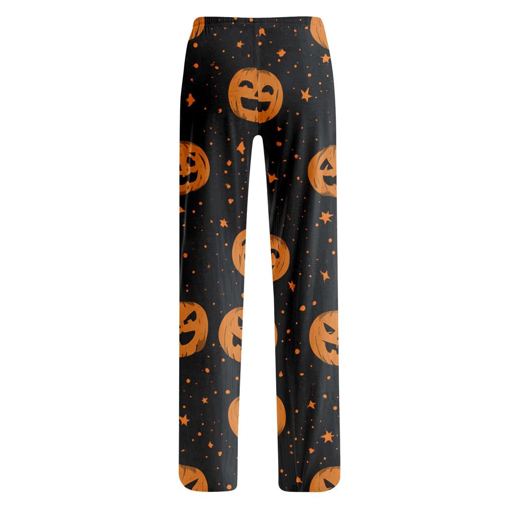 Women Loose Fit Casual Halloween Printed Pants Elastic Waist Relaxed Trousers with Pumpkin Pattern for Daily Wear