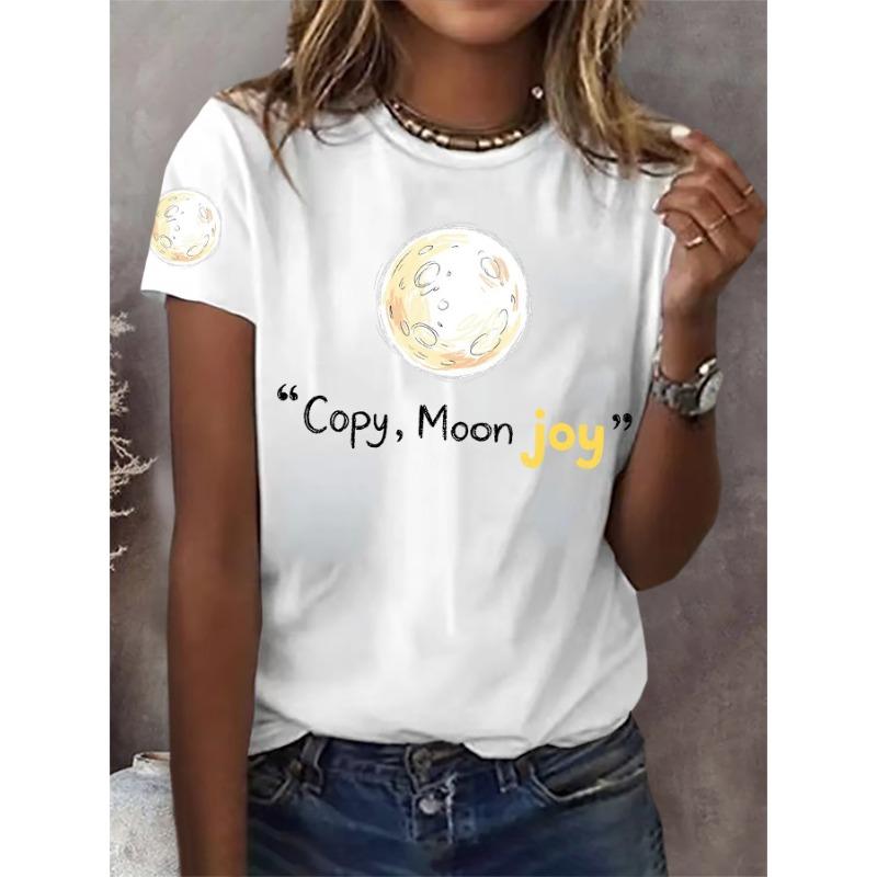 Ilstile Women's Artemis II Copy Moon Joy Print T-Shirts Summer Short Sleeve Tops Casual Round Neck T Shirt Black White Tees