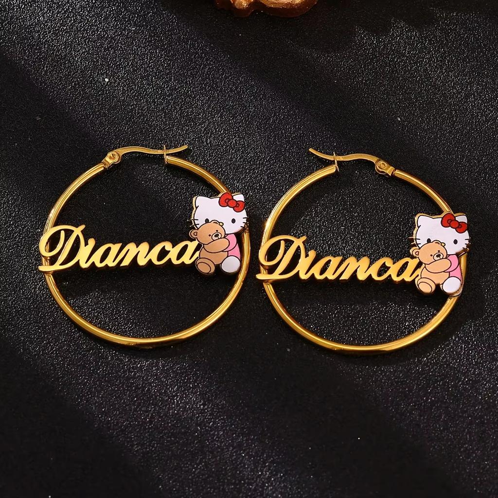 DuoYing 50mm Hoop Earrings Personalized Name Stainless Steel Cartoon Jewelry Earring Custom Name a Festive Gift for a Lady