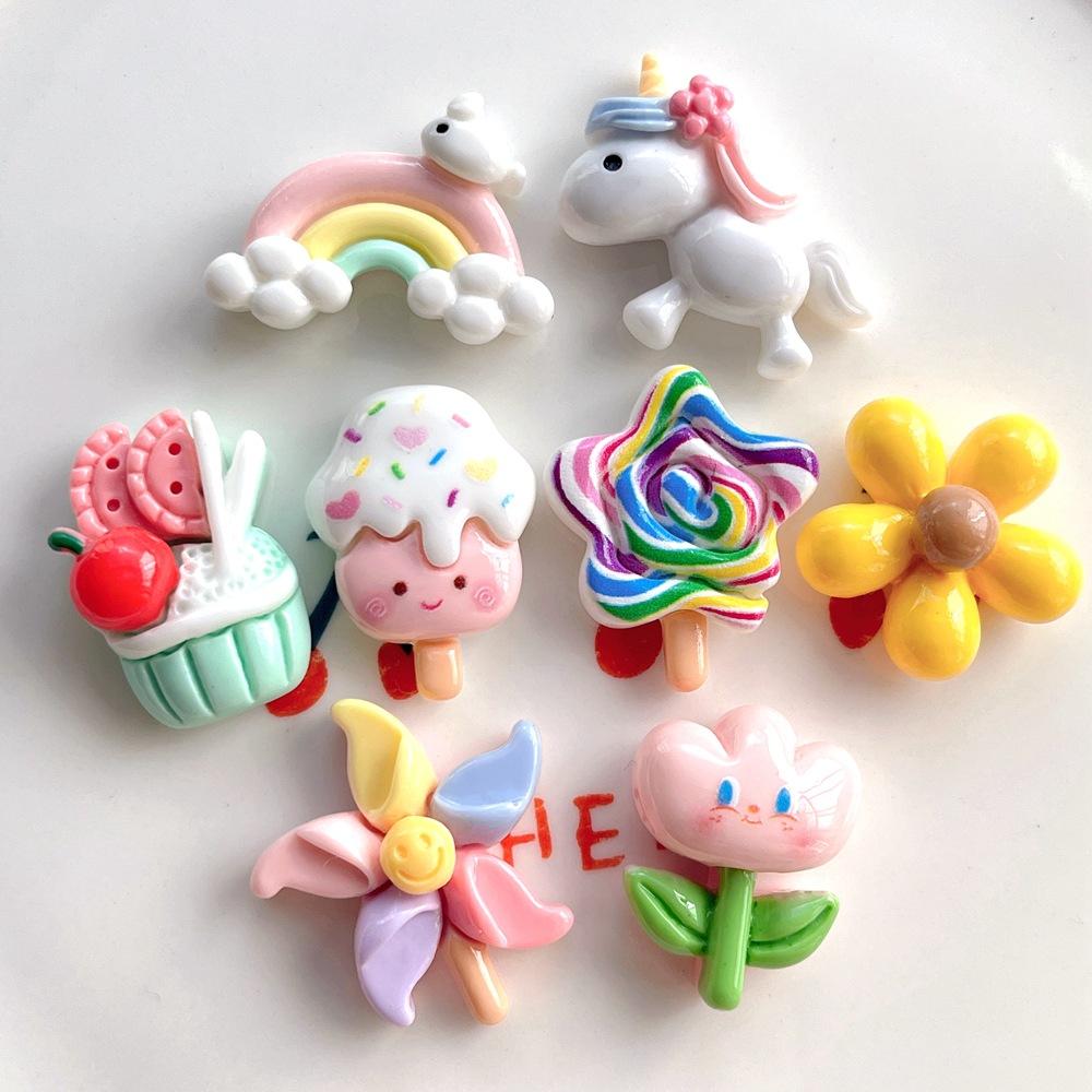 10Pcs New Cute Resin Flowers, Unicorns, Ice Cream Series Flat Back Manicure Parts Embellishments For Hair Bows Accessories