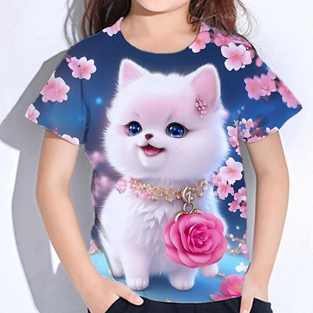 Toppar för barn Kortärmade sommarkatt T-shirts Flicka Barnkläder 3d-tryck T-shirts Koreanska Kawaii T-shirts Från 10-14 år