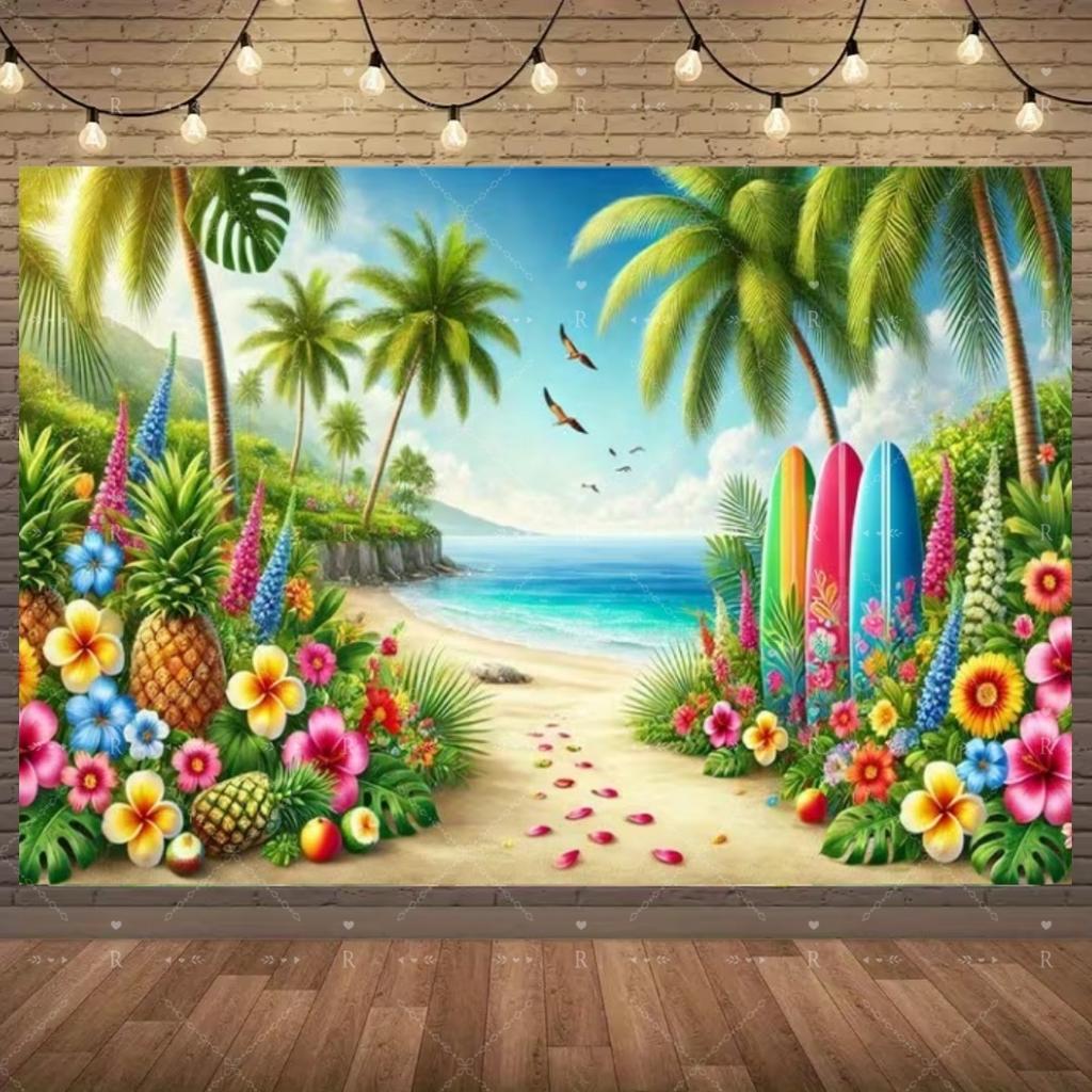 Summer Beach Holiday Party Decoration Backdrop Sunshine Flamingo Ocean Surfboard Portrait Photography Background Props Banner