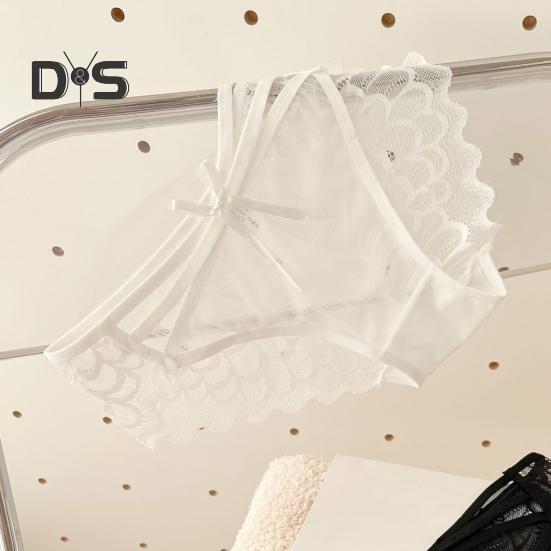 Women's Lace Thongs Low Waist See Through Panties with Bow Sexy Lace Mesh Briefs Ultra-Thin Breathable Bikini Underwear