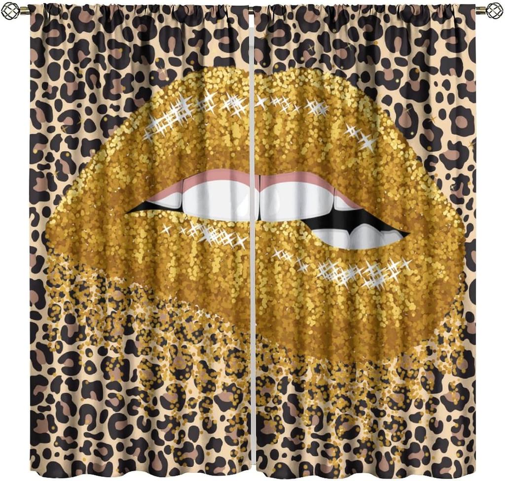 Glitter Lips Decor Window Curtains Red Sequins Sparkling Black White Leopard Zebra Home Kitchen Livingroom Coffee Room Window