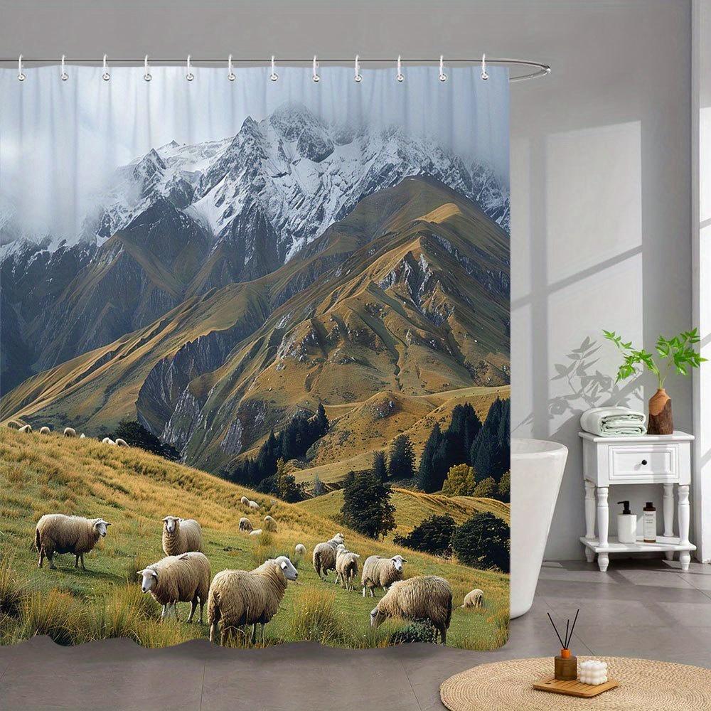 1pc Grazing Sheep Shower Curtain - Serene Pastoral Landscape with Snow-Capped Mountains, Dark Green Forest & Autumn Foliage, 90x180cm