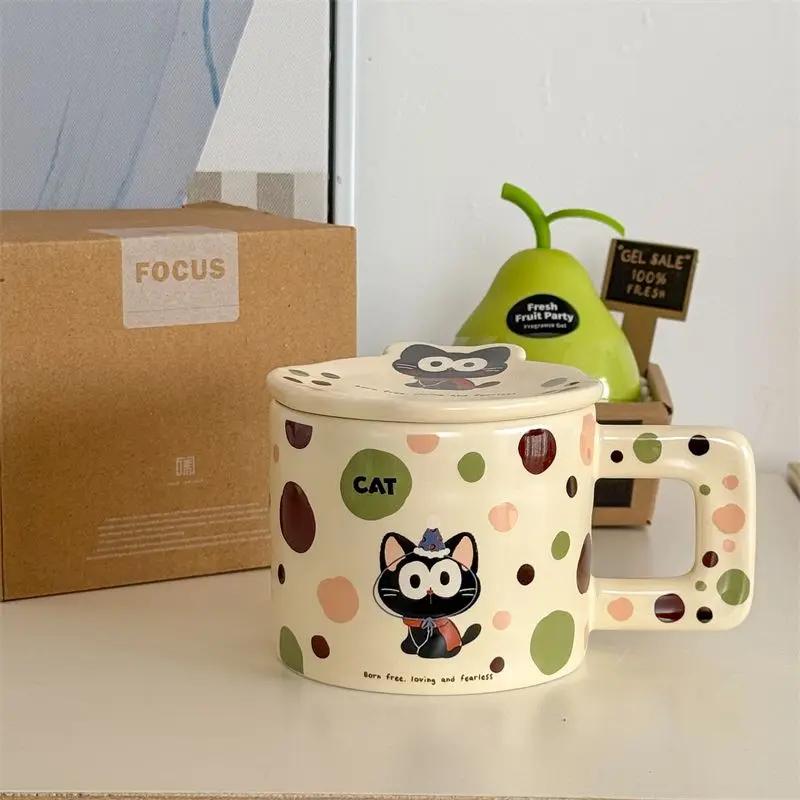 Cat Mug with Lid Polka Dot Ceramic Cup, Cartoon High-value Couple Water Cups Birthday Gift for Girls Birthday Present Drinkware