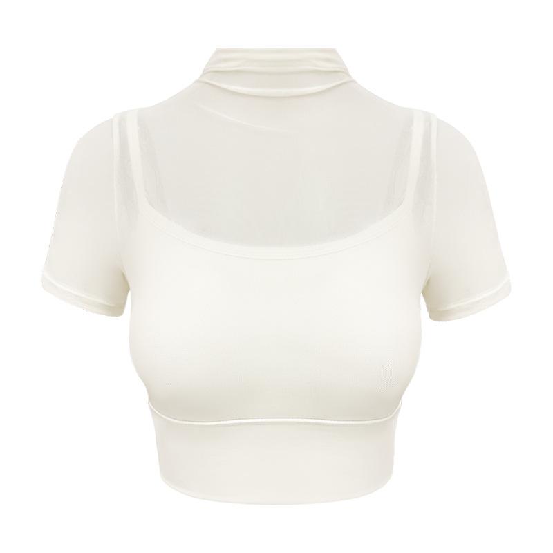 Yoga Clothes Women's Summer New Models with Chest Pads, Mesh Yarn, Fake Two-piece Fitness Clothes, Sports Training, Short-sleeved Vest Top