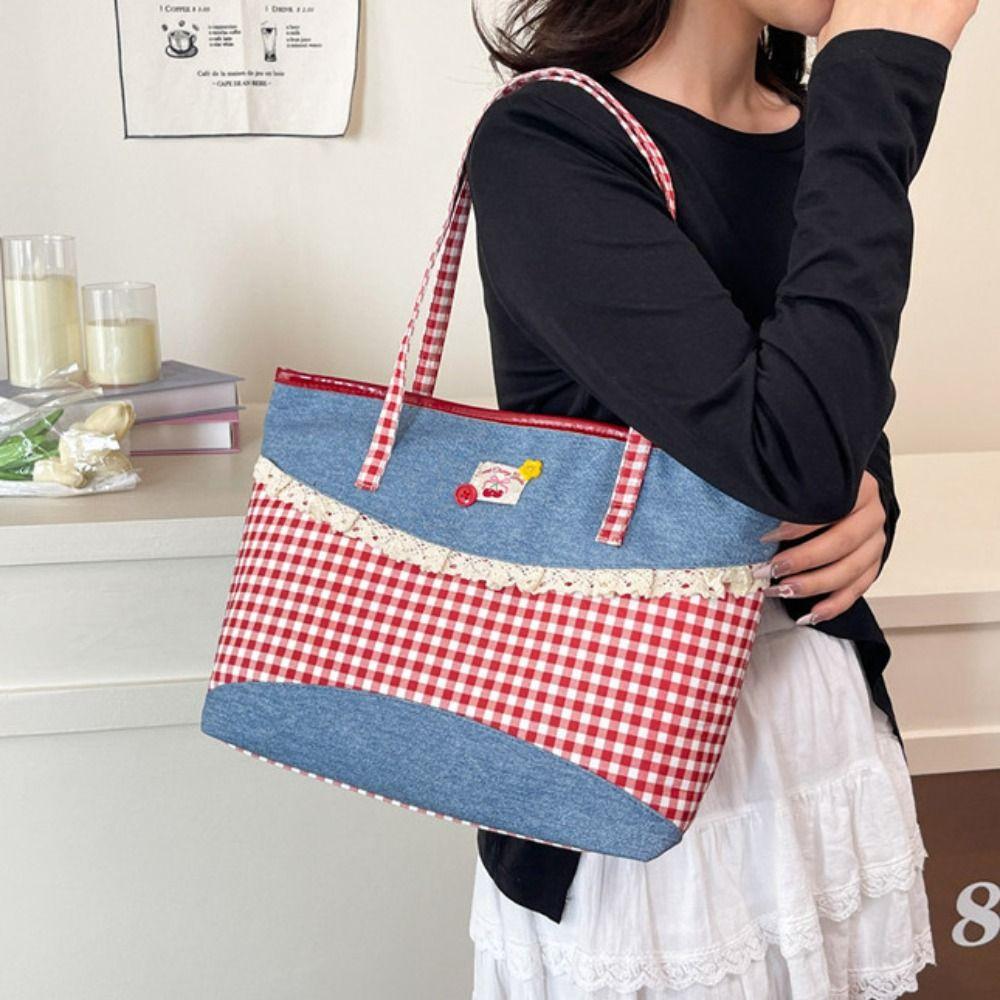 Rural Style Lace Bow Shoulder Bag Lattice Commuting Tote Bag Portable Denim Plaid Handbag  Women