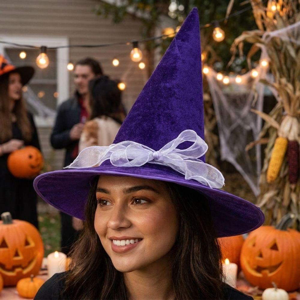 with Lace Velvet Dark Witch Hat Wide Brim Pointed Mage Hat Halloween Decor Hat Masquerades