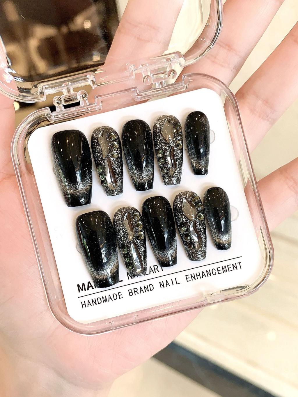 

Трендовые кошачий глаз черные наклейки для маникюра сверкающие драгоценные камни и ручная работа L