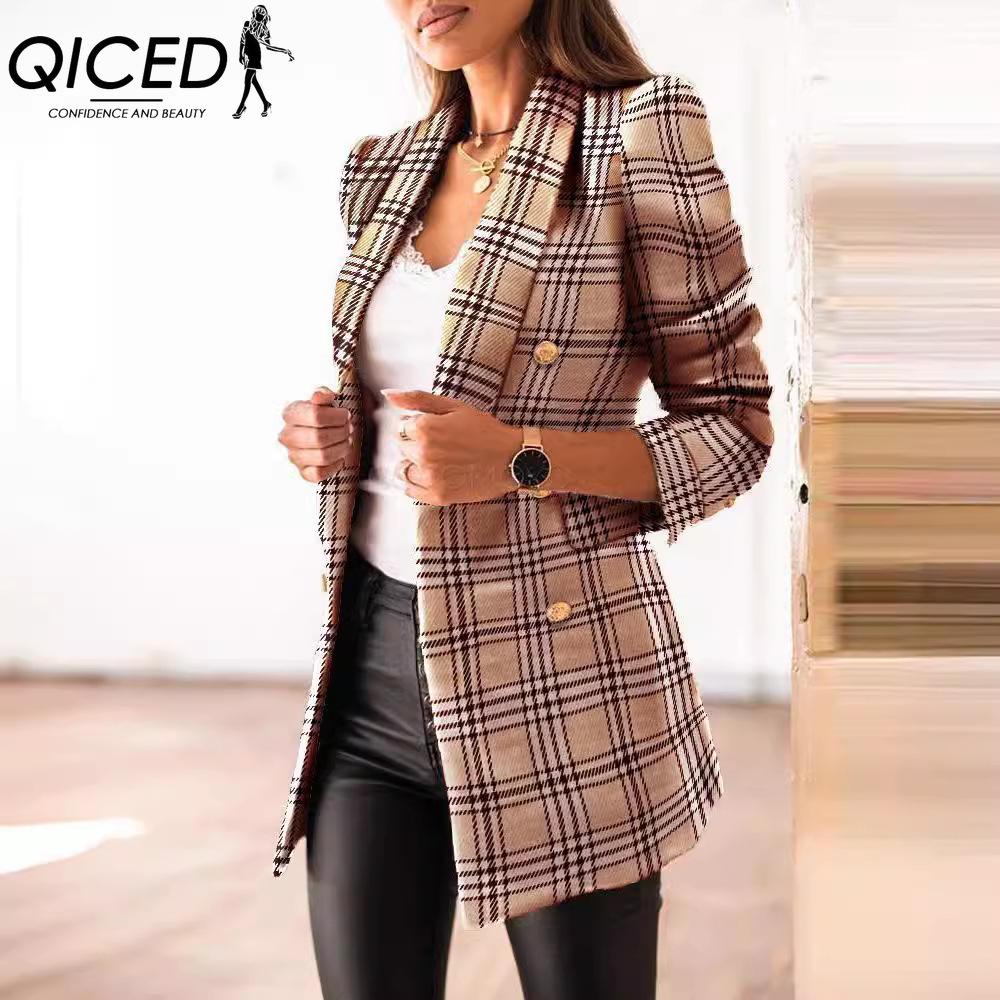

QICED Женские винтажные повседневные куртки и пальто с принтом «клетка», с длинным рукавом, с воротником поло, на осень-зиму XXL хаки