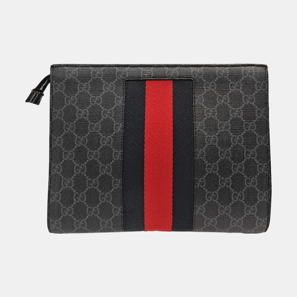 [Pre-Owned] Signature Logo Stripe Web Zipper Canvas Clutch - Very Good #KL79EU