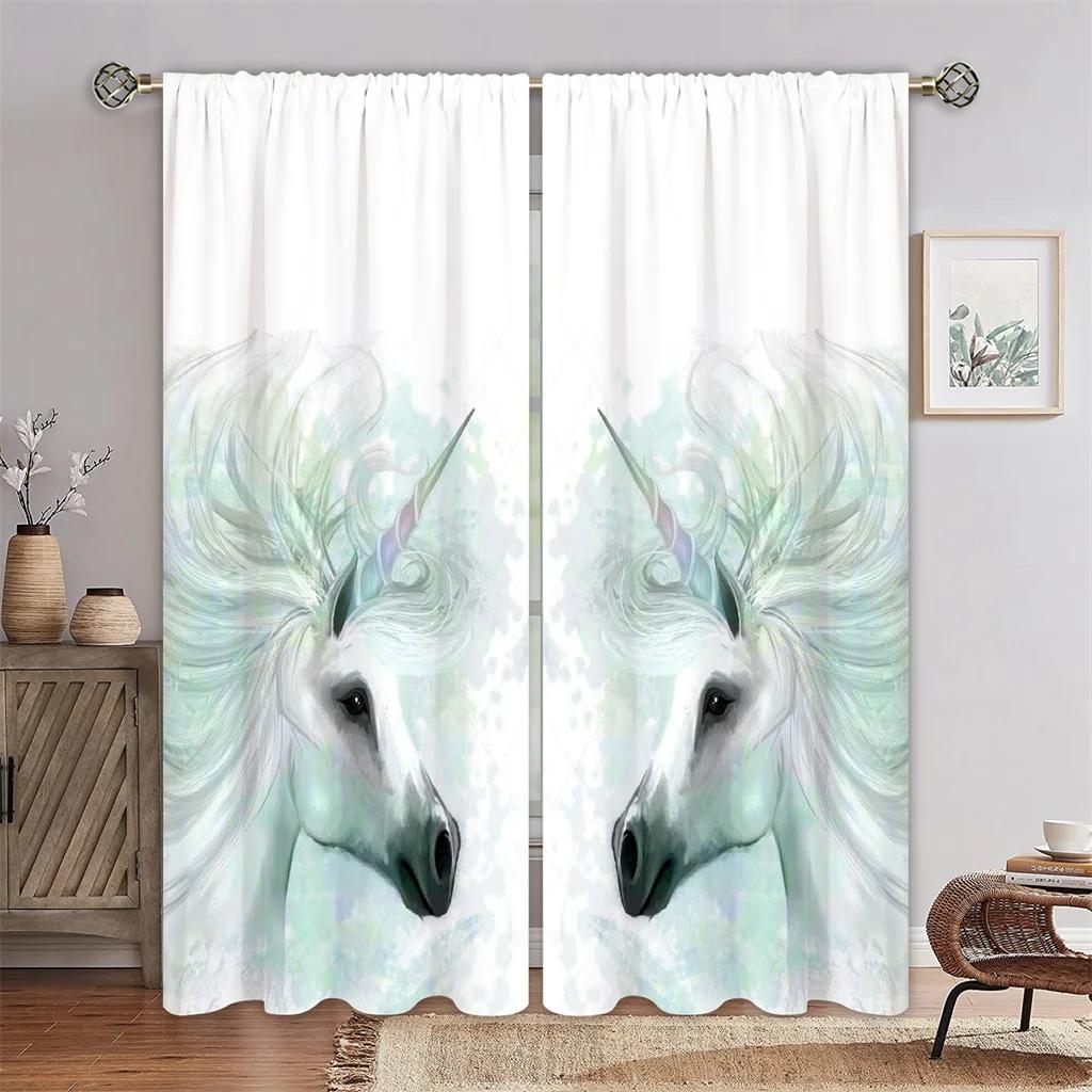 3D Rainbow Horned Horse Sunshade Curtains, 2 Panels, Suitable for Bedroom, Living Room, Kids Room, Office, Home Decoration