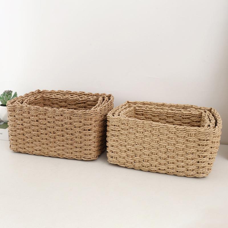 3Pcs Handmade Straw Woven Soft Round Paper Rope Storage Basket For Organizing Decorative Storage Bins Office Storage Box