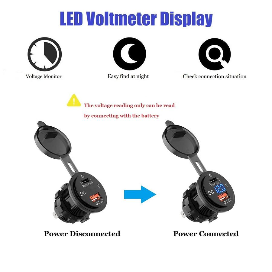 Car QC 3.0 Charger USB Type C Phone Fast Charging Socket w/ Blue LED Voltmeter