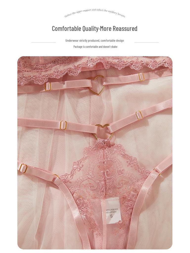 French Pink Sexy Lace Push-Up Lingerie Set for Women - Ultra-Thin, Comfortable, Semi-Transparent Mesh
