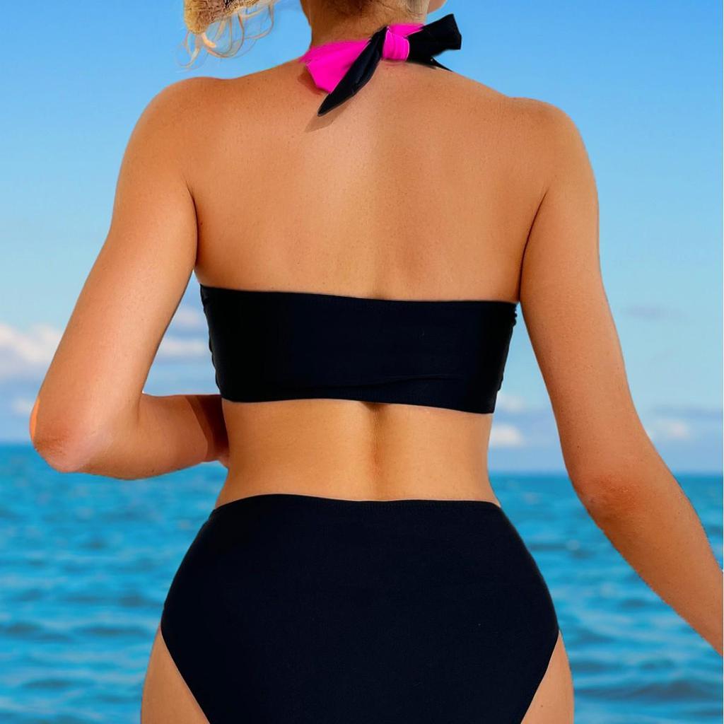 2025 Women's European/American Colorblock Halter High-Waist Bikini Set