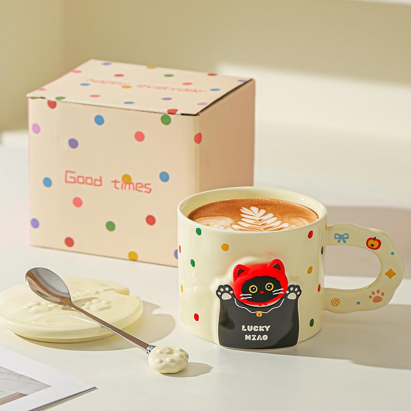 Cute cat ceramic mug with lid spoon coffee water cup couple cup with gift high value