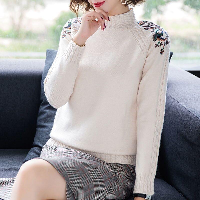 

Вышитые цветы полувысокий воротник свитера женские осень зима толстый теплый вязаный пуловер тонкий ребристый мягкий топ XL белый