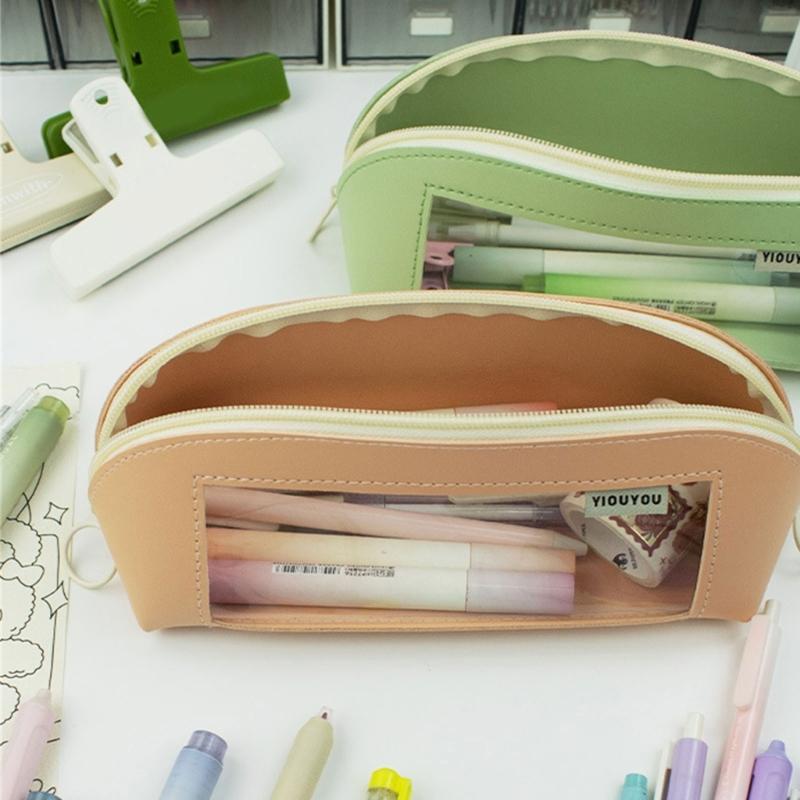 Leather Pencil Case Large Compartment Pencil Bag Water Resistant Clear Pen Pouches Pen Organizers Bag for Student Adult
