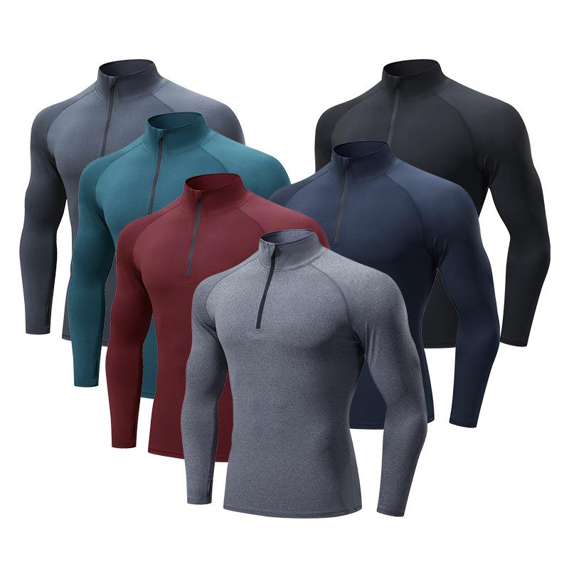 Men's Spring Autumn High Elastic Turtleneck Sports Fitness Shirt Long Sleeve Half Zipper Basketball Running Workout Top