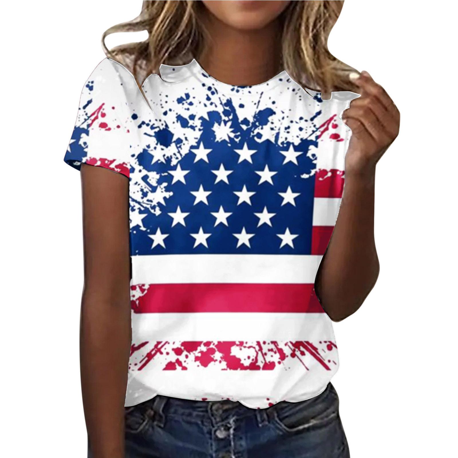 

Летний топ с круглым вырезом и 3D-принтом американского флага, модная повседневная женская футболка с коротким рукавом XS