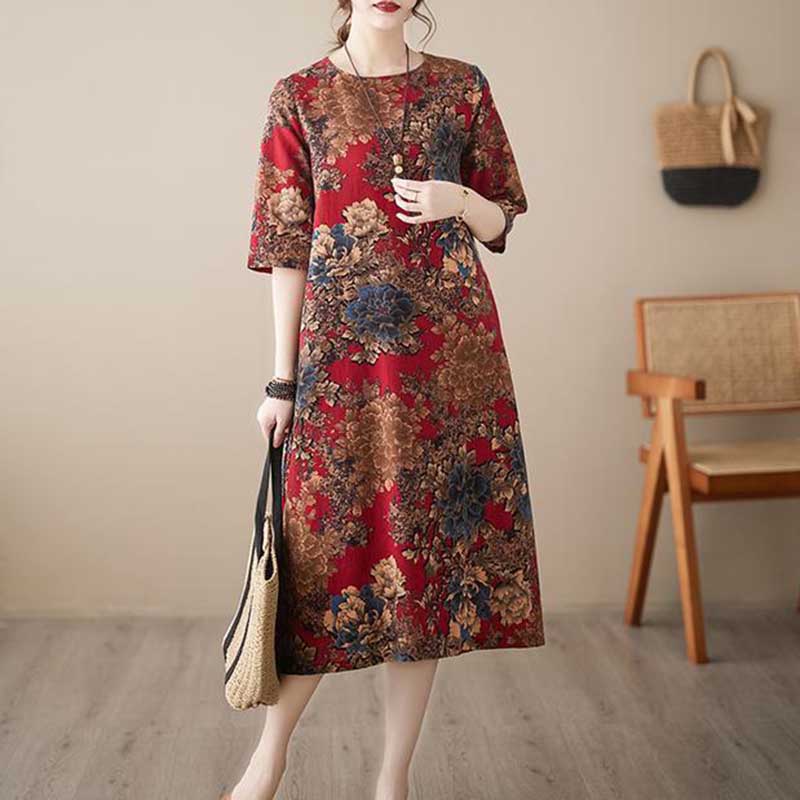 Dress for Woman Oversized Long Sleeve Ethnic Print Fitted Waist Vintage Casual Printed Long Loose Lace Dresses