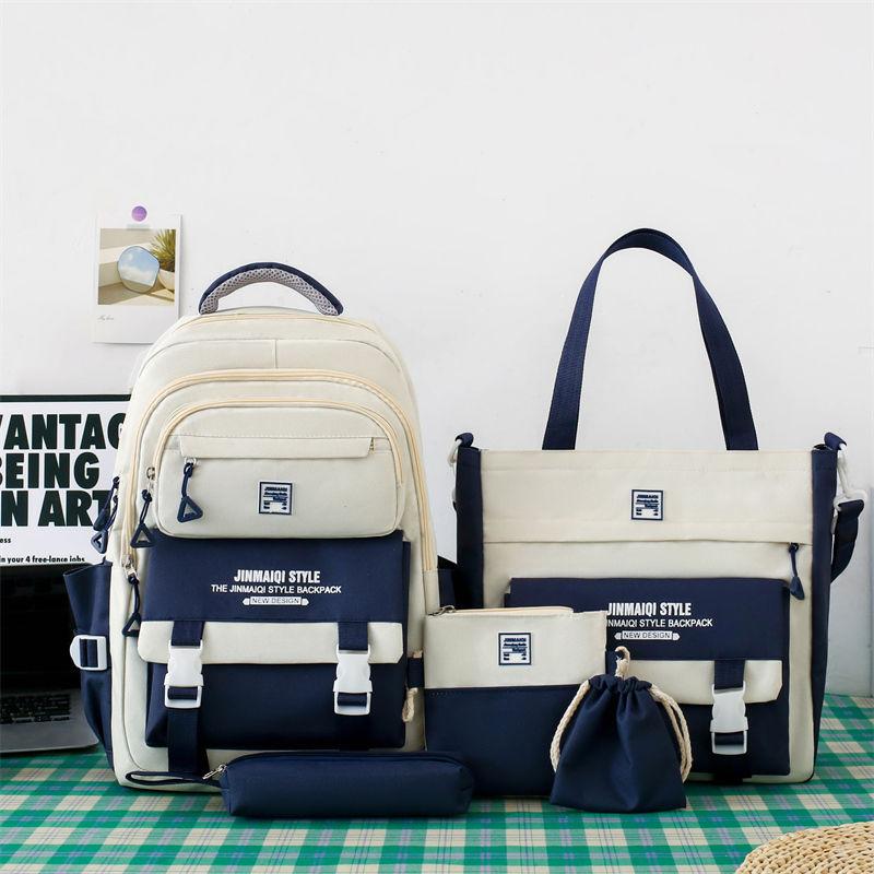 5Pcs  Student Backpack Set The Start of School Season Korean Fashion Junior High School Backpacks Large Capacity Two-piece Bags Set
