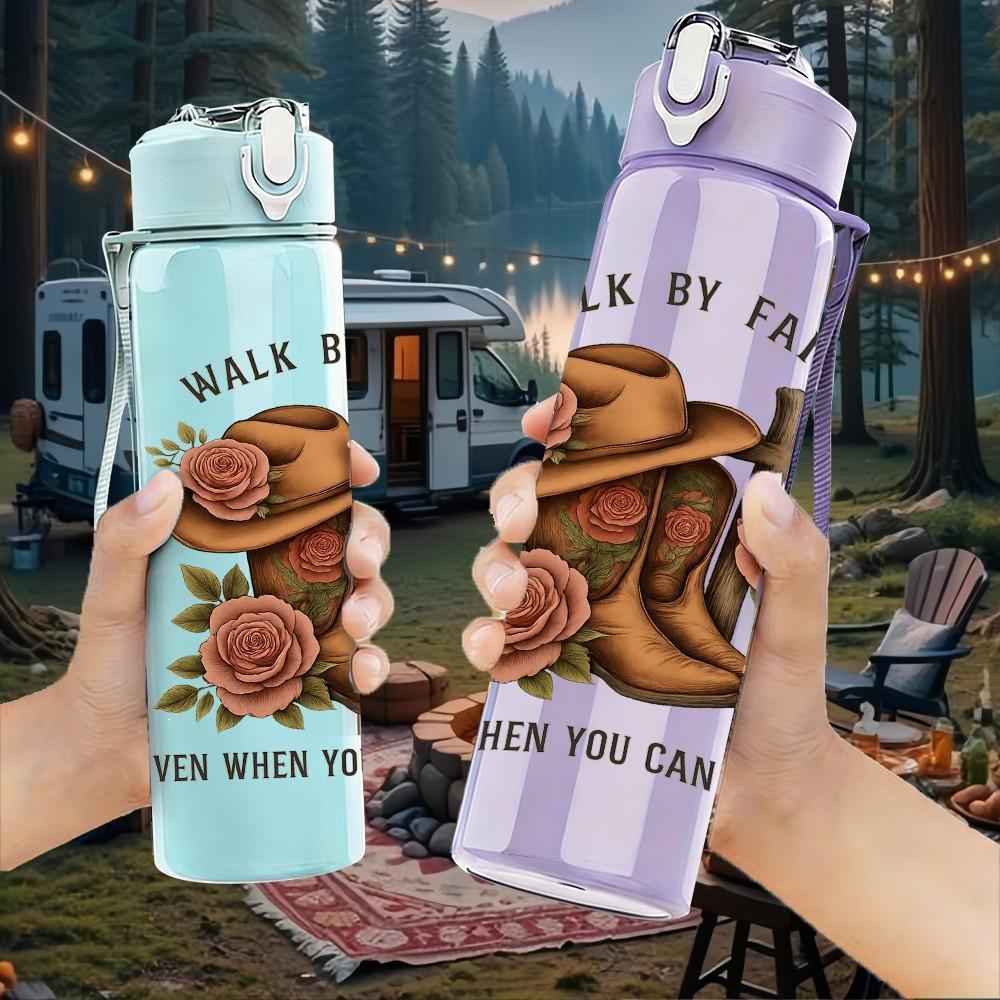 1PC Walk By Faith Cowboy Hat Rose 750ml Color Plastic Sports Water Bottle Leakproof Flip Straw Lid Suitable for Sports Office Home Use