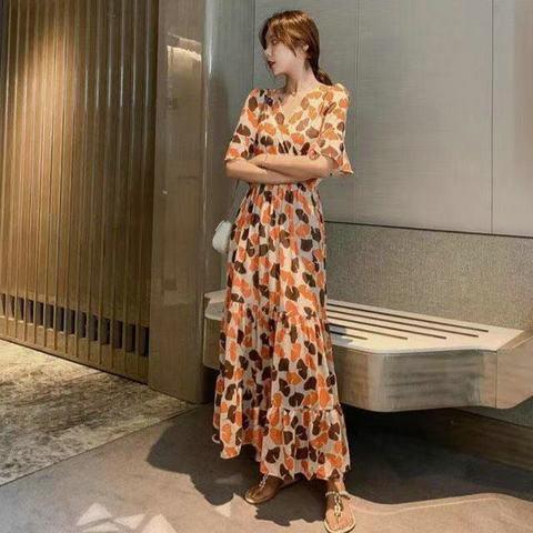 Women's V Neck Five Flutter Sleeve Vintage Abstract Color Block Print Chiffon Maxi Dress High Waist A Line Elegant Summer Long Dress