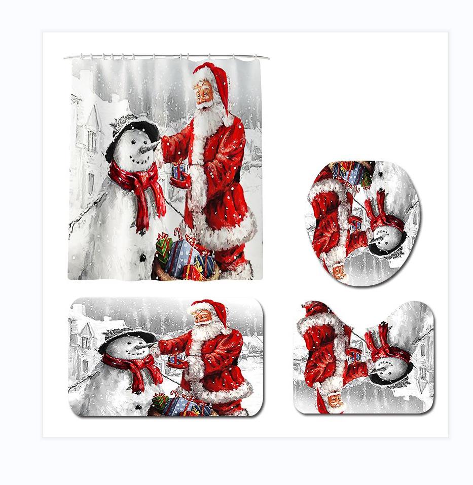 Christmas Bathroom Shower Curtain 4Pcs Set Snowman Santa Claus Pattern Waterproof Shower Curtain Toilet Cover Mat Non Slip Rug