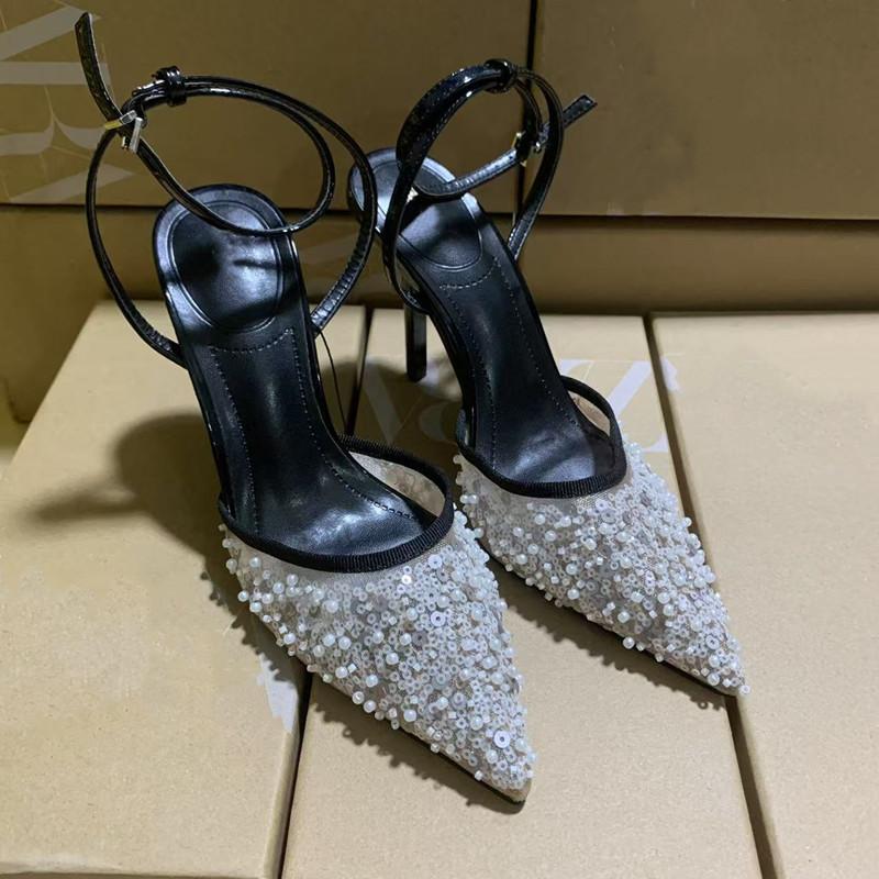Fashion Luxury Pearls Sequined Air Mesh Women Pumps Summer Elegant Pointed toe Slingbacks Thin High heels Fashion Wedding Party Shoes