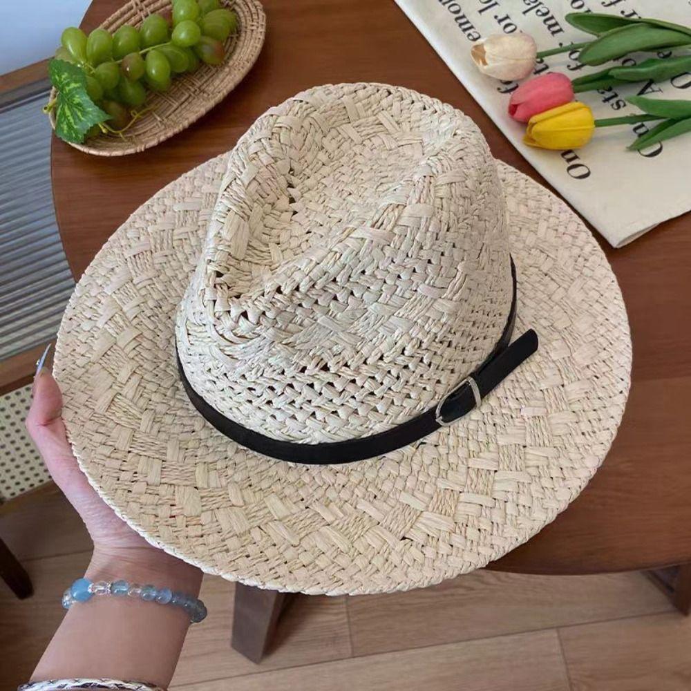 Jazz Western Cowboy Hat Wide Brim Visor Cap American Hollow Straw Hat  Summer