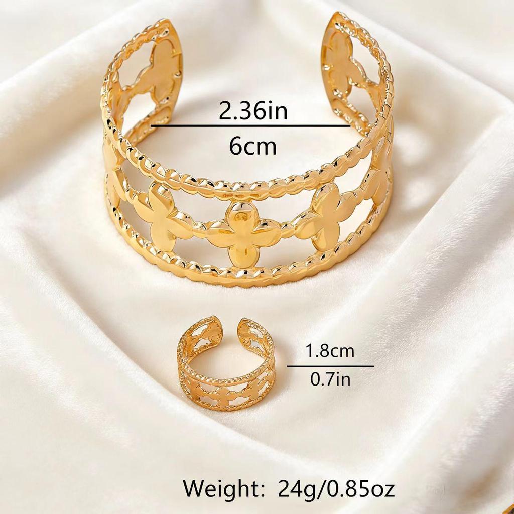 Retro Adjustable Four-Leaf Clover Bracelet & Ring Set