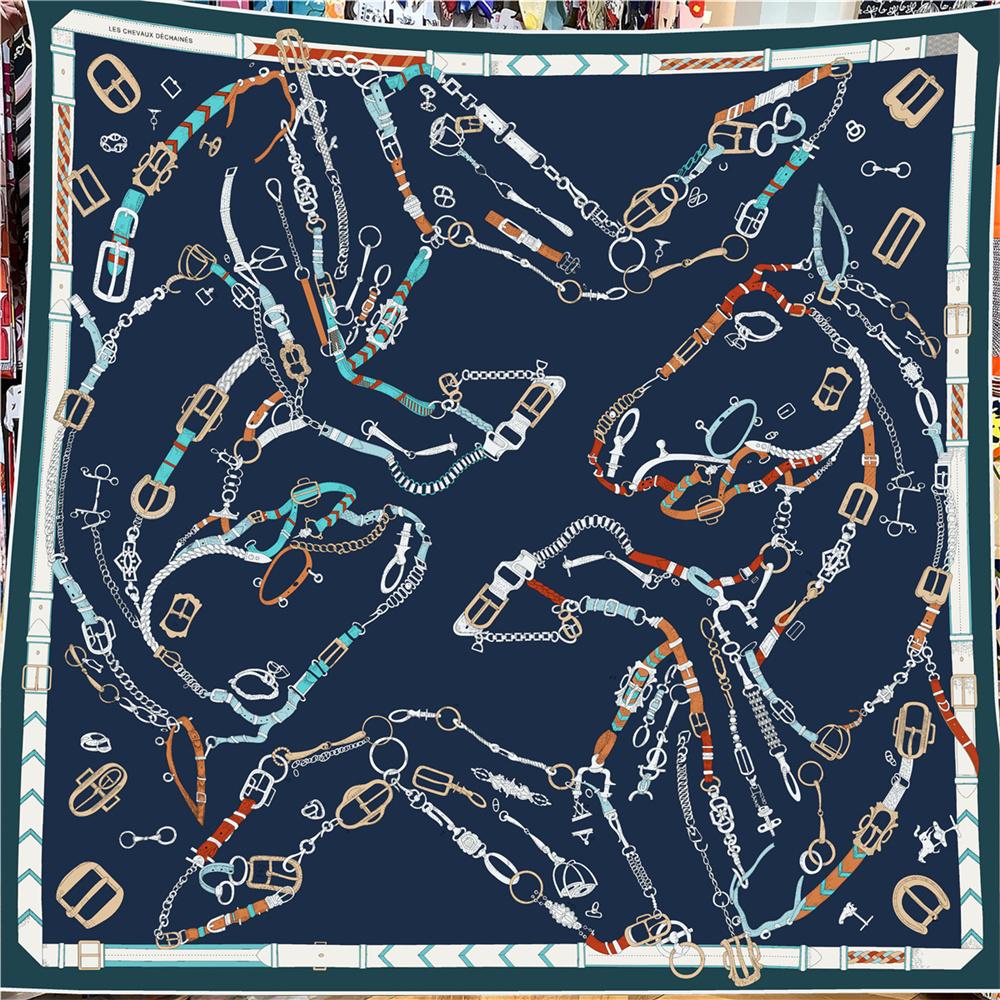 POBING 30% Silk 70% Cashmere Scarf Women Chain Print Square Scarves Wraps Hand Rolled Bandana Big Hijabs Female Foulard 135CM