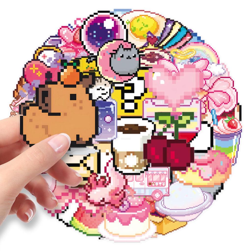 50 Sheets Pixel Style Cartoon Stickers for Journals, DIY, Refrigerators, Stationery, and Earphones