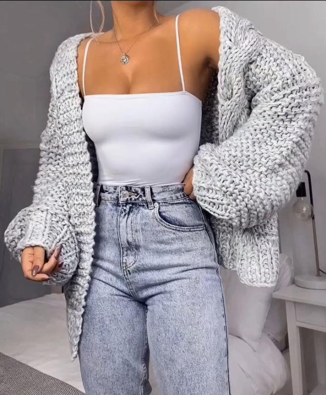 Women's Oversized Lamb Wool Knit Cardigan with Drop Shoulder
