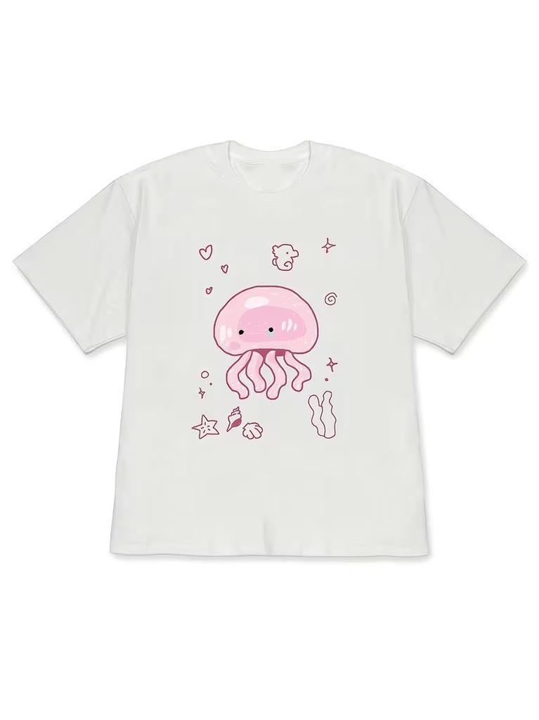 Cute Marine Animals Graphic Tee Kawaii Ocean Cartoon Print Short Sleeve Shirt Loose Fit Y2K Style Ideal For Summer Beach Vacation Streetwear