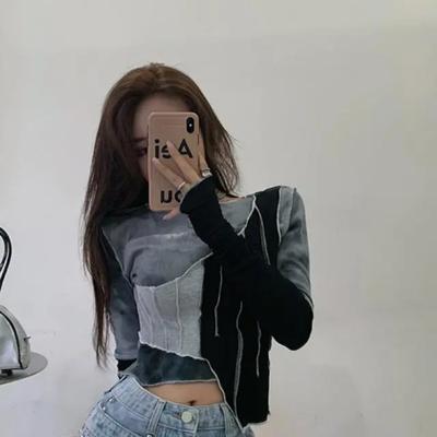 T-shirty z długim rękawem damskie nowe szczupłe nieregularne patchworkowe krawaty-dye O-neck Streetwear eleganckie modne koszulki damskie