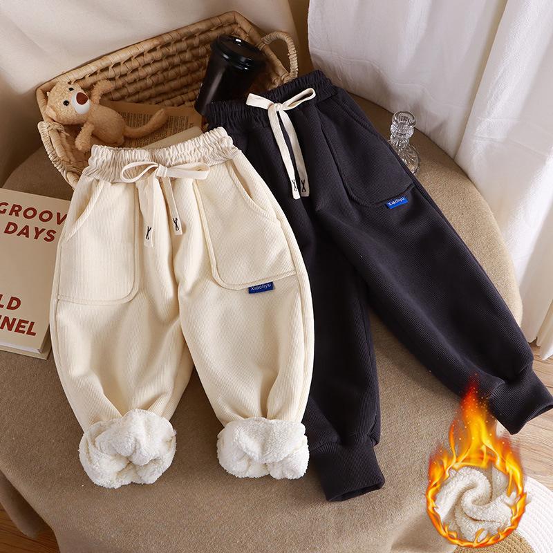 Boys and Girls Baby Plus Velvet Pants, Children's Sports Pants, Autumn and Winter Thick Casual Pants, Warm Outer Wear Trousers