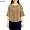 ZANZEA Women Casual Round Neck Solid Color Loose 3/4 Sleeve Blouse