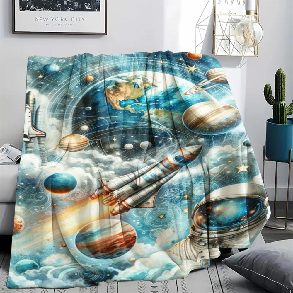 1Pc Space Rocket Print Flannel Blanket, High quality Comfortable for All Seasons, Home Decor, Warmth and Comfort, Perfect for Christmas Gifts