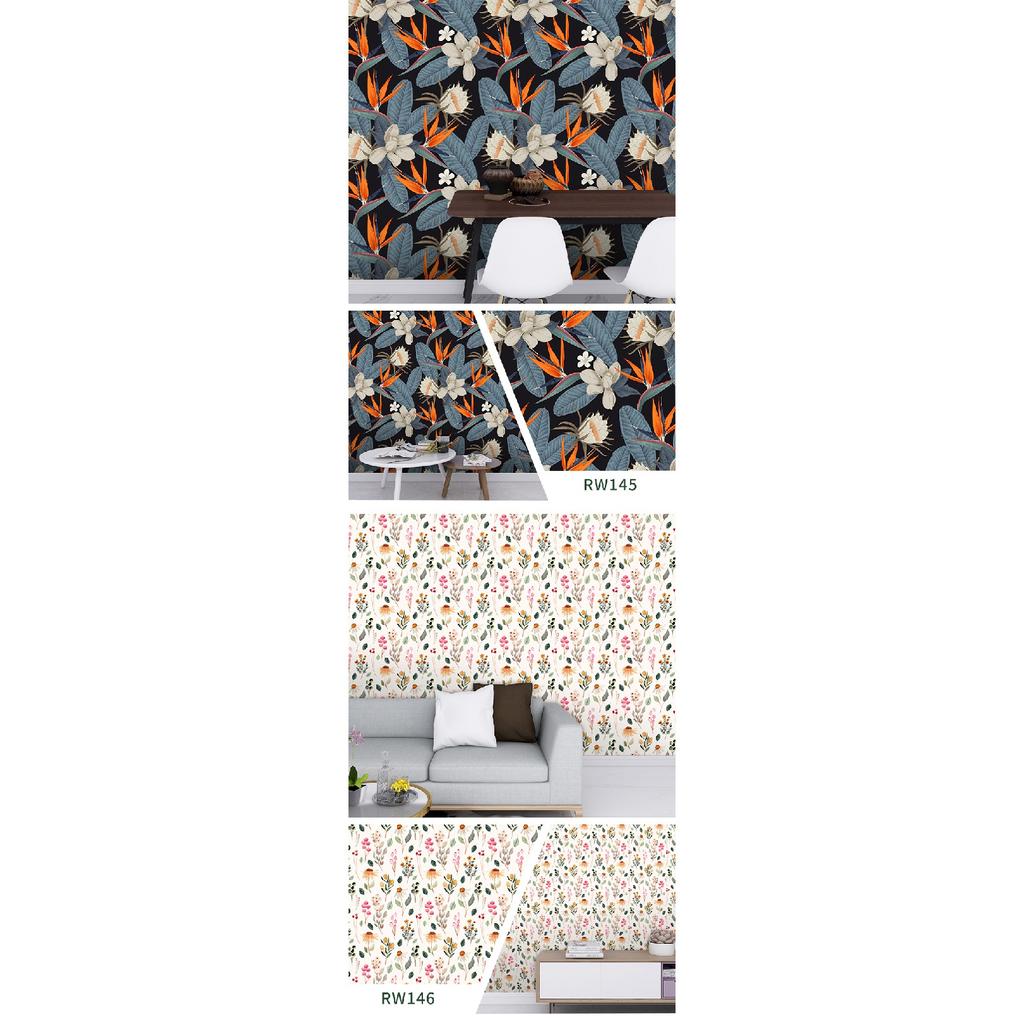 Removable Seamless Self-Adhesive Wallpaper for Living Room Background (Green Plants and Flowers)