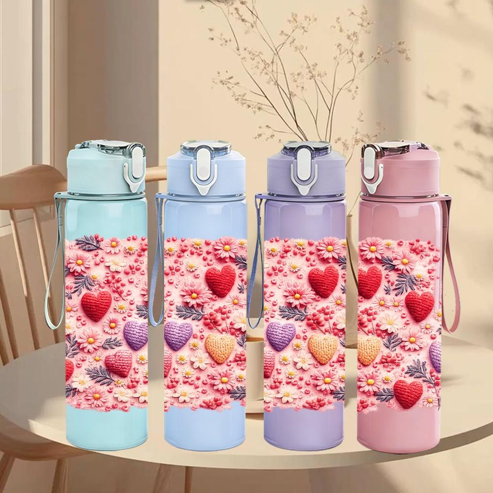 1PC Sweet Pink Heart Berry 750ml Color Plastic Sports Water Bottle Leakproof Flip Straw Lid Suitable for Sports Office Home Use