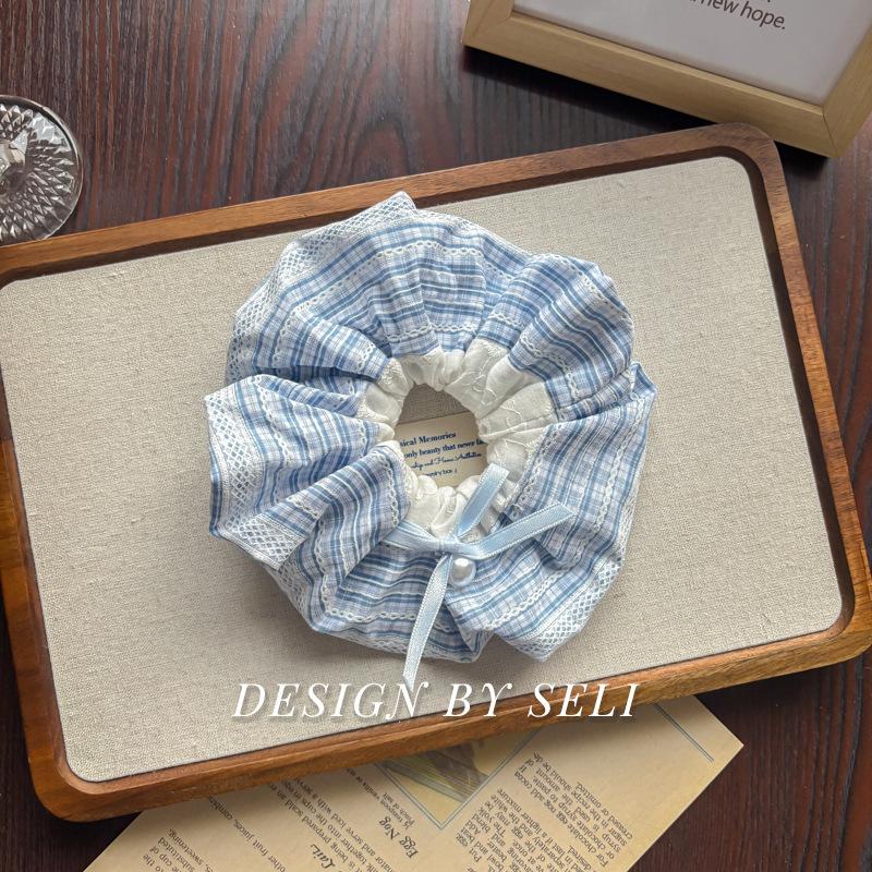 Pearl Blue Plaid Square Scarf New French Bow Scrunchie Sweet Patchwork