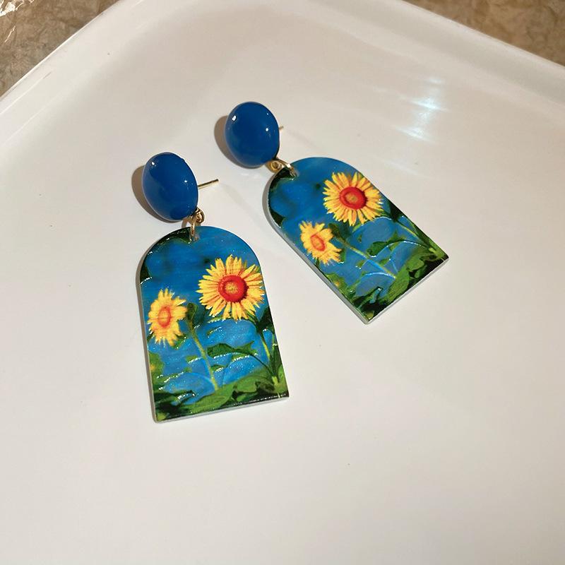 New blue flower fringed earrings, fresh niche design studs, women's summer vacation earrings