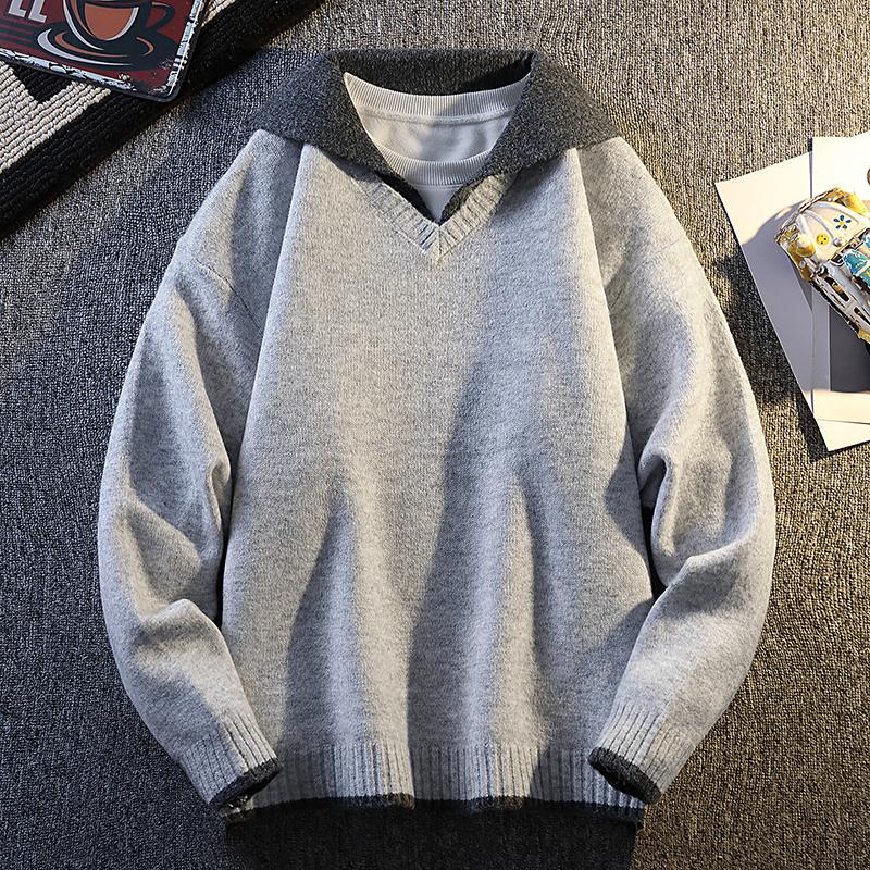Fake Two-piece Shirt Collar Sweater Men's Spliced Contrasting Color Long-sleeved Pullover Casual Loose Top
