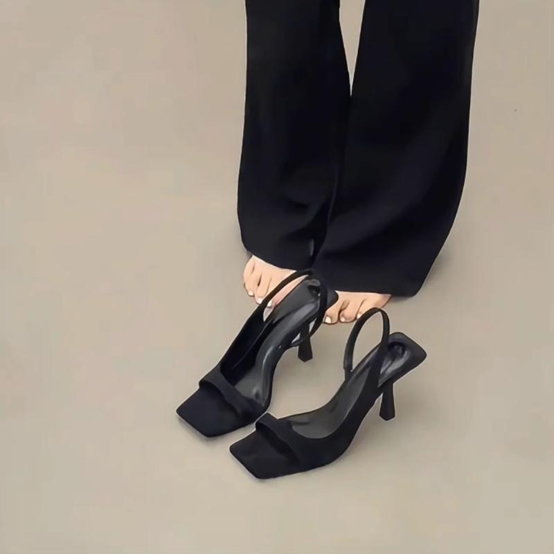 Fashion French Style High Heel Sandals for Women Black Strappy Stiletto Heels with Ankle Strap