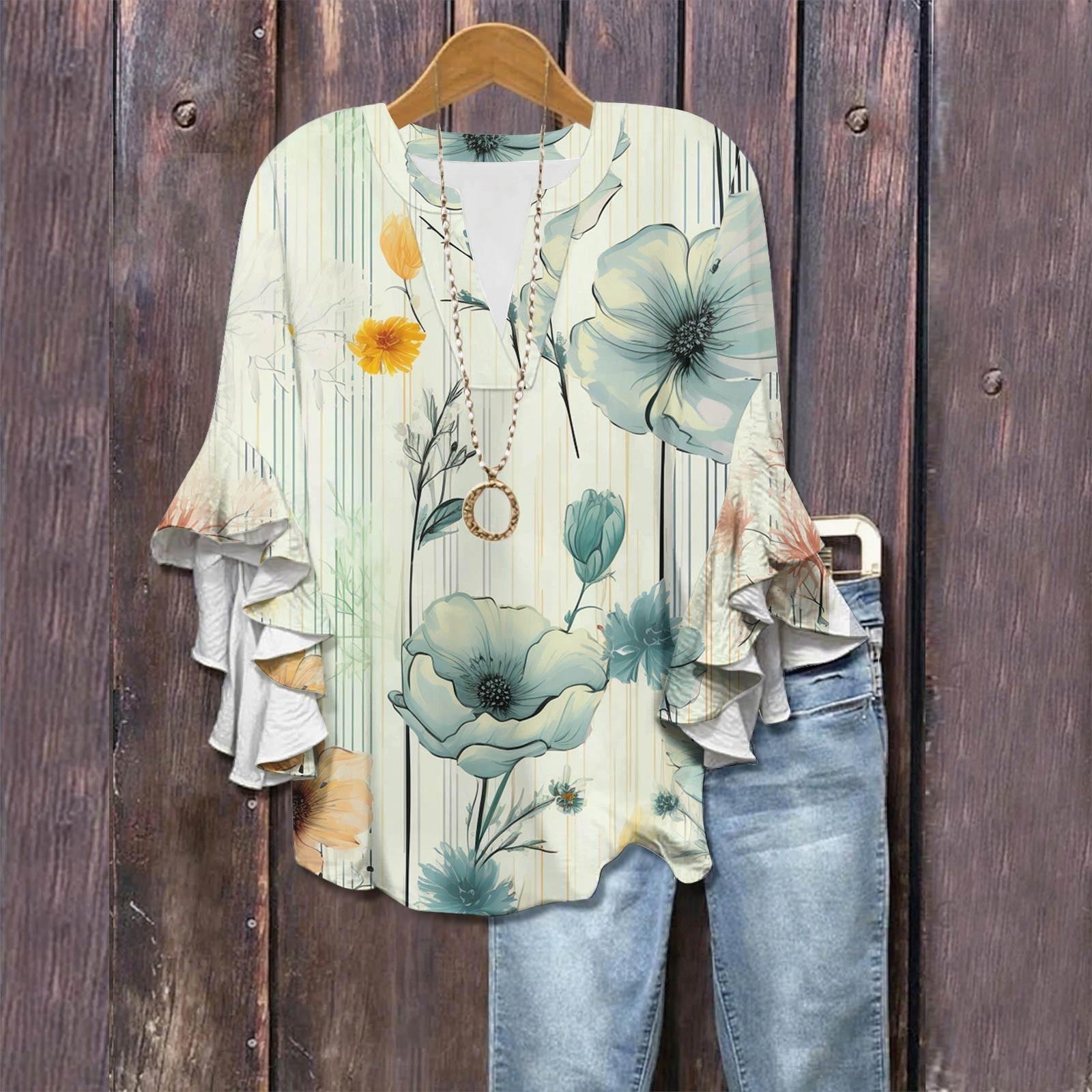 

Рубашки с рукавами 3/4 для женщин, симпатичные футболки с графическим принтом, блузки, повседневные, больших размеров, базовые топы с оборками на рукавах, пуловеры L