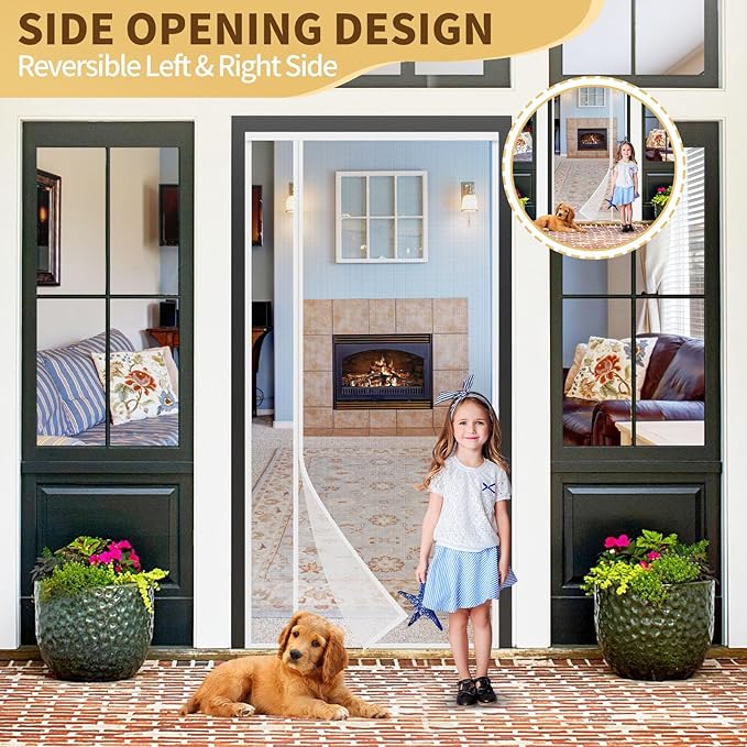 White Magnetic Screen Door,Reversible Left or Right Side Opening,Keep Bugs Out, Hands Free, Pet and Kid Friendly, Fits Door